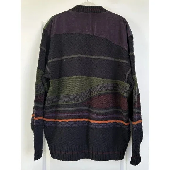 Vtg 90s Saxony Collection Leather Patchwork 3D Sweater Abstract Pattern Sz 1XB